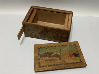 Multi Step Japanese Wood Puzzle Box Mt Fuji Inlay Marquetry Flower Butterfly Vtg
