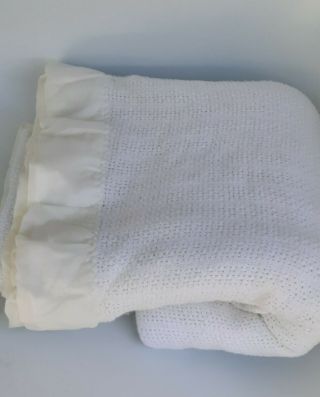 Vintage Waffle Weave Satin Edge Blanket Cream 80 x 94 Bed Cover 2