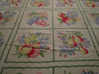 Lovely Vintage Floral & Fruit Printed Tablecloth Grapes Peaches Plums 76 X 52