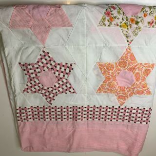 Vintage Quilt Topper Blanket Star Design Patches Color Pink White Checked Print