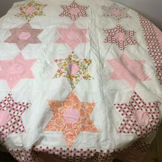 vintage quilt topper blanket star design patches color pink white checked print 3