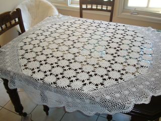 Vintage Hand Crochet White Lace Tablecloth,  Round 54 "