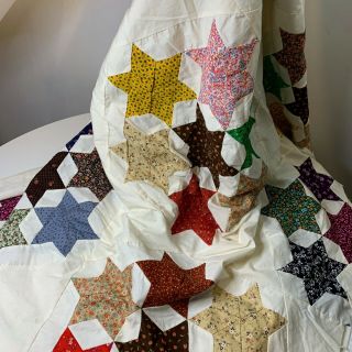 Vintage Quilt Topper Blanket Star Cream Floral Multi Colored Patches Hand Sewn
