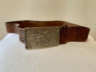 Vintage Belt Buckle Bucking Bronco Horse Rodeo Western Cowboy Handtooled Leather