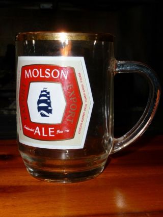 Vintage MOLSON Ale Canadian Beer Glass Clear Mug Gold Rim Export 12 oz Ship Logo 3