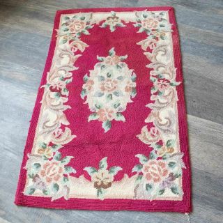 Vintage Old Hand Hooked Rug Pink Roses Cream Red Shabby Cottage
