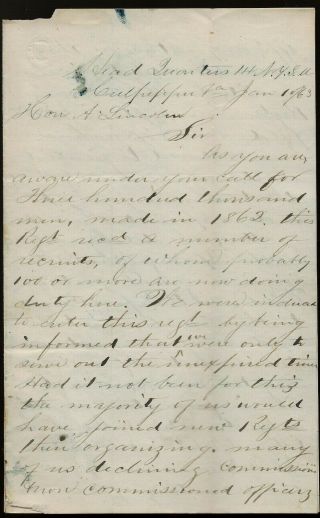 Civil War Letter By Pvt Lewis M Kellogg Co.  B 14th Brooklyn Chassuers To Lincoln