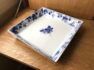 Vintage Square Walled Japanese Ceramic Platter.  Serving Tray.  Blue And White.