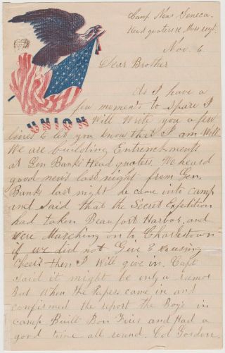 1861 Civil War Soldier Letter - Seneca Md - 12th Ma - Capture Of Port Royal Sc