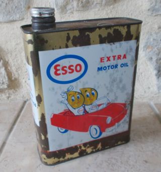Vintage France French Oil Can Tin Esso Extra Motor Auto Old 2 L 8