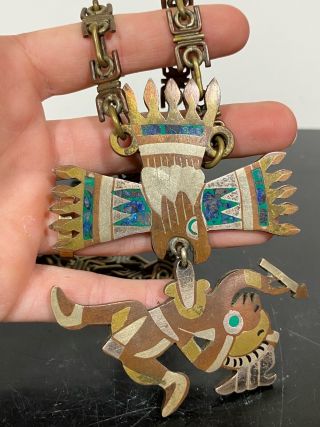 Vintage Alpaca Silver Brass Copper Bird Indian Warrior Ethnic Costume Necklace