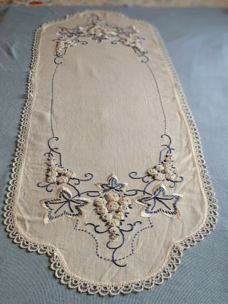 Vintage Embroidered Linen Table Runner Dresser Scarf Blue & White