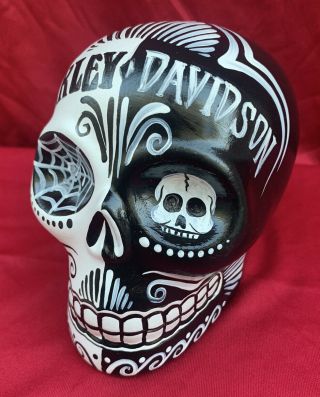 Sugar Skull Hand Painted Day Of The Dead Ceramic Sculpture Harley Davidson Logo
