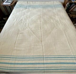 Vintage Wool Camp Blanket Cream W/blue Stripes Light Wt.  Good For Layering 83x68
