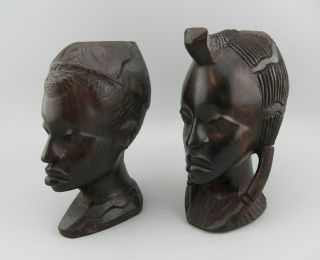 Vintage Ebony Wood Hand Carved Statue Figures African Female/male Bust Pair Euc