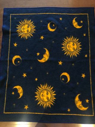 Vintage Biederlack Blanket Star Moon Navy Orange 44 " X 52 " Usa