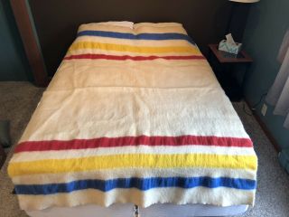 Vtg Montgomery Ward Hudson Bay Style Striped Wool Blanket - 64” X 88”