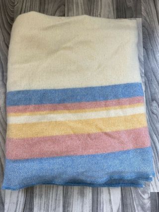 Vintage Ayers 100 Pure Wool Blanket Large 72”x 91” Stripes Blue Pink Yellow