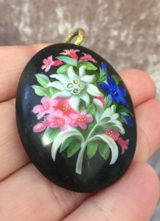 Vintage Jewellery Victorian Ceramic And Pinchbeck Hand Painted Flower Pendant
