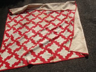 Vintage Handmade Patchwork Quilt Comforter 78 " X 68 " Red & Off White Dramatic