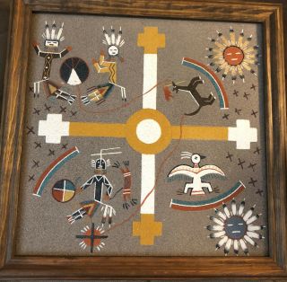 Vintage Navajo Sand Painting - Signed Framed - 12”x12”