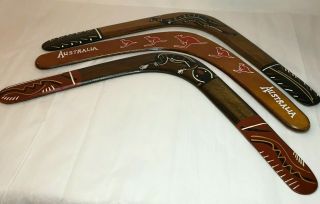 Set Of 3 Vintage Hand Carved Australian Aboriginal Wood Boomerangs Various Size