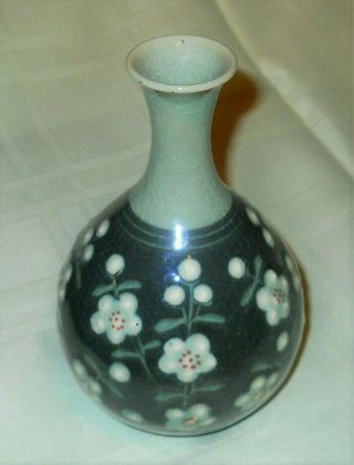 Vintage Korean Double Green Celadon Blossoms Flowers Porcelain Vase Signed