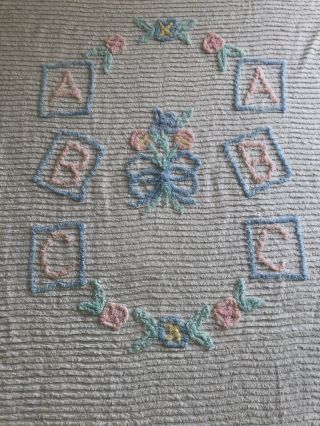 Vintage Chenille Bedspread Baby Blanket Crib Pink Blue White 41 X 62 Abc Blocks