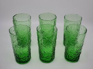 Vintage Emerald Green Crinkle Glass Tumblers Made In Italy Set Of 6