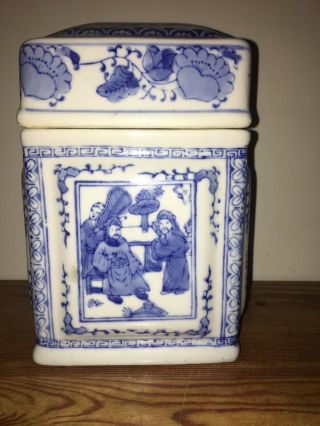 Vintage Blue & White Rectangle Chinese Porcelain Ceramic Jar With Lid