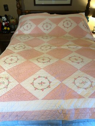 Pretty Pink Vintage Hand Quilted Patchwork W Embroidered Flowers Quilt 81x73 H
