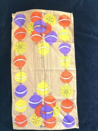 Rare Vintage Linen Vera Neumann Purple Orange Christmas Ornament Tea Towel