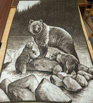 Vtg Lg Biederlack Grizzly Brown Bear & Cubs Steam Fleece Blanket 80 " X 55 " Usa