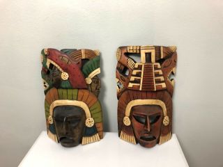 Pair 2 Vintage Mayan Aztec God Carved Wood 8” Mask From Chichen Itza Mex