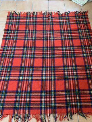 Vintage Connemara Foxford Red Blue Wool Plaid Blanket Throw Fringe Ireland