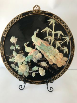 Vintage Round Oriental Black Lacquer And Mother Of Pearl Wood Wall Panel