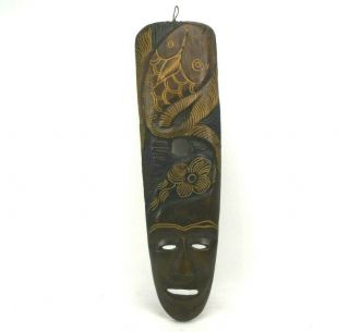 African Tribal Mask Folk Art Carved Wood Wall Hanging Face Fish 24 " Tall