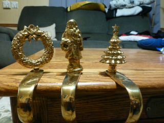 Vintage Brass Mantle Stocking Holders,  Set Of 3