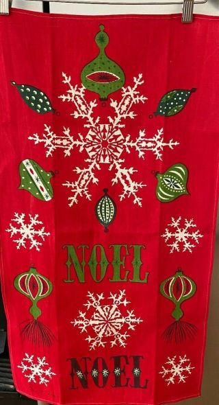 Vintage Nos Linen Tea Towel - Signed Tammis Keefe - Red Noel Snowflake & Ornaments