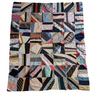 Antique Hand Stitched Crazy Quilt Satin Topper Approx 66 " By 83 "
