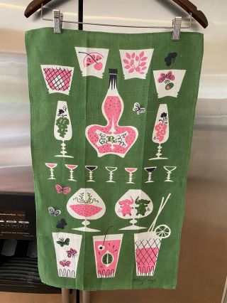 Vintage Nos Linen Tea Towel - Signed Tammis Keefe - Cocktails & Glasses & Elephants