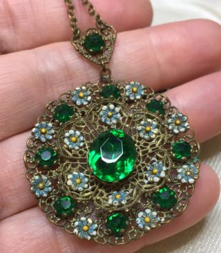 Vintage Jewellery Art Deco Czech Enamel & Emerald Green Crystal Flower Pendant