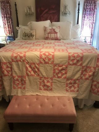 Vintage Handmade Patchwork Quilt Top Cover Texas Artisan Pink Off White Pinwheel