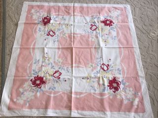 Vintage Pink Printed Linen 50” Square Tablecloth W/ Floral Design