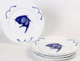 Set Of 4 Chinese Hand Painted Blue & White Koi Fish 10 " Dinner Plates