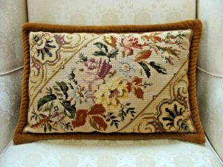 Vintage Wool Needlepoint Floral Throw Pillow French Country Hand Made Velvet Tri