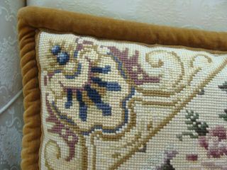 Vintage Wool Needlepoint Floral Throw Pillow French Country Hand Made Velvet Tri 2