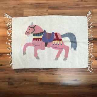Vintage Hand Woven Wool Tapestry Wall Hanging Rug Horse Pink Purple 40 " X27 "