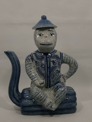 Three Hands Corp.  Imports Vtg Monkey Teapot Blue & White Crackle Glaze