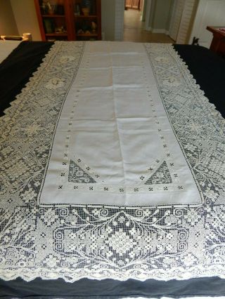 Lg Vintage Embroidered Ivory Linen & Lace Table Runner 34 " W X 85 " L
